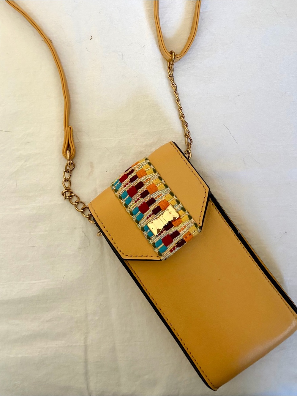 Olivia and Kate Yellow Crossbody Phone Bag with Multicolor stitched Flap